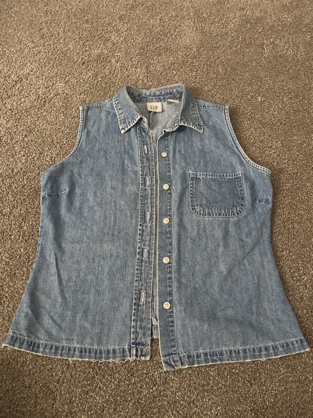 GAP Light Blue Denim Sleeveless Button-Front Shirt, white buttons, one pocket